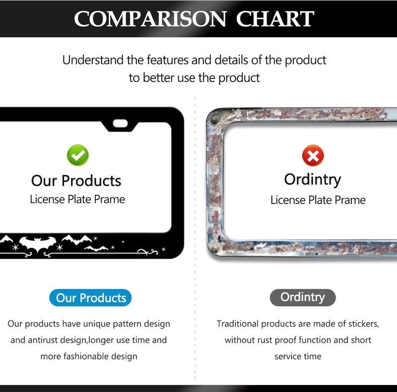 LIN KANG 2Pcs Black and White Bat License Plate Frame, Gothic Animal License Plate Holder for Men Universal Aluminum Metal Rust-Proof Waterproof Car Decorative Tag Frames for Standard US 12x6 Inch - Image 4